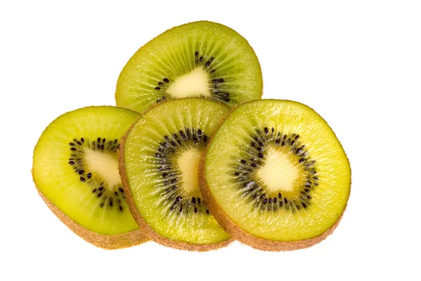 Quatro Fatias Frutas Kiwi Maduras Frescas Isoladas Fundo Branco — Fotografia de Stock