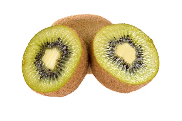 Eine Ganze Und Zwei Halbe Frische Kiwi Früchte Isoliert Auf — Stockfoto