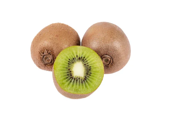 Całość Dwóch Pół Dojrzałe Świeżych Owoców Kiwi Białym Tle — Zdjęcie stockowe