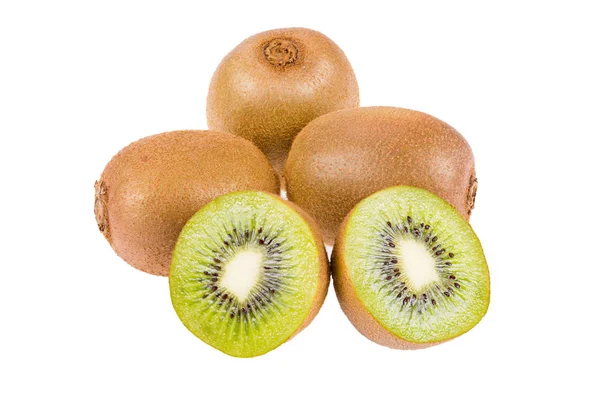 Trois Fruits Kiwis Frais Entiers Deux Demi Isolés Sur Fond — Photo