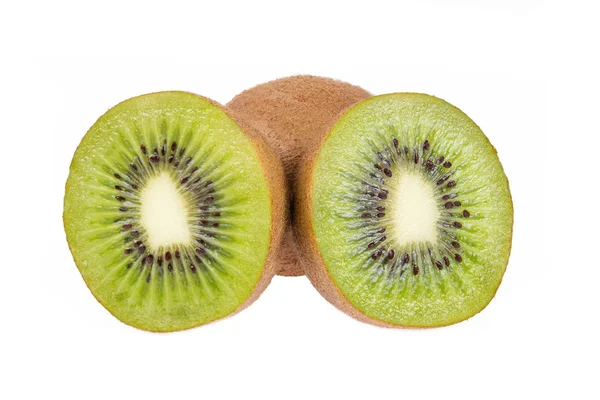 Jedną Całość Dwa Pół Dojrzałe Świeże Owoce Kiwi Białym Tle — Zdjęcie stockowe