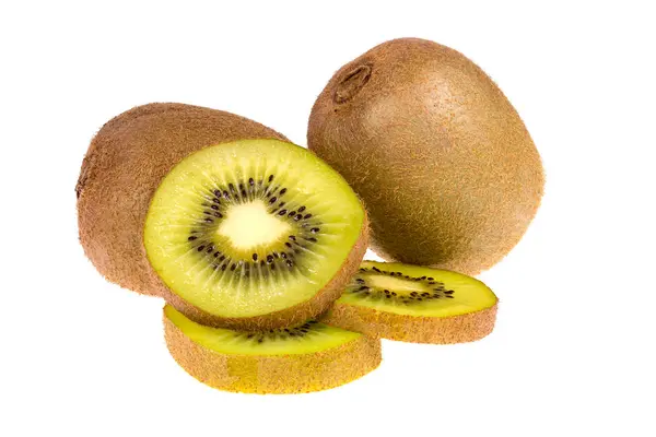 Dos Frutos Enteros Cortados Maduros Frescos Kiwi Aislados Sobre Fondo — Foto de Stock