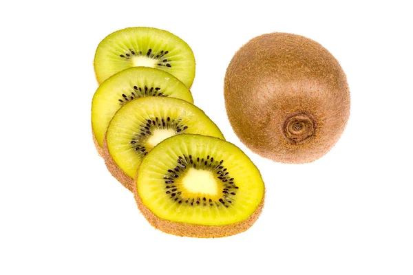 Fruit Kiwi Entier Tranché Mûr Frais Isolé Sur Fond Blanc — Photo