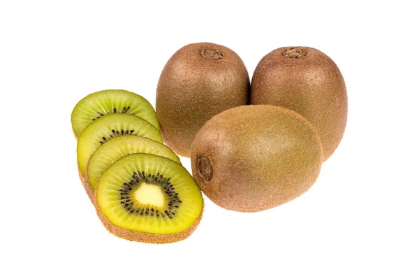 Trois Fruits Kiwis Entiers Tranchés Mûrs Frais Isolés Sur Fond — Photo