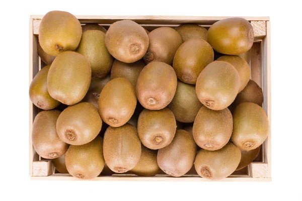 Drewniane Pudełko Wypełnione Wielu Dojrzałych Owoców Kiwi Białym Tle Tle — Zdjęcie stockowe