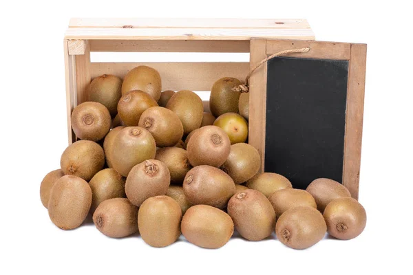 Wooden Box Filled Many Ripe Kiwi Fruits Old Blank Slate — Stock Photo, Image