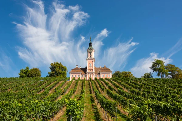 Vacker utsikt över pilgrimsfärdkyrkan i Birnau vid Bodensjön med vinrankorna i förgrunden med en spektakulär himmel och moln — Stockfoto