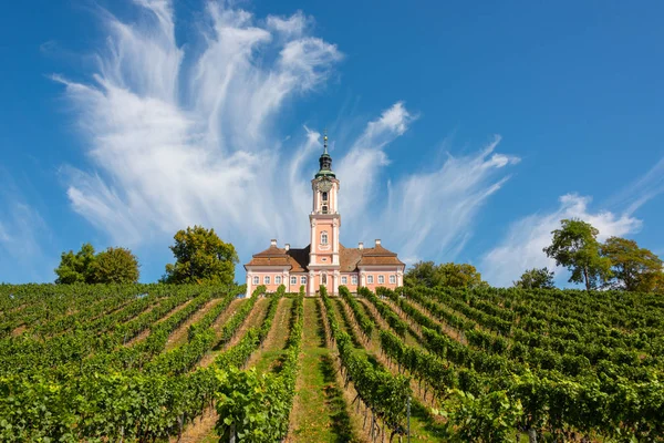 Prachtig uitzicht op de bedevaartskerk in Birnau op het Bodenmeer met de wijnstokken op de voorgrond met een spectaculaire lucht en de wolken — Stockfoto
