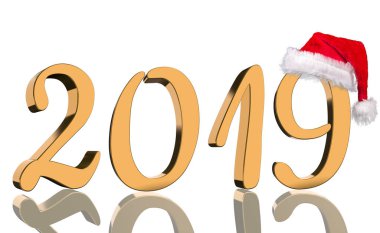 Golden numaraları bir yansıması ve beyaz arka plan önünde Noel Baba şapkası ile parlayan metalik 2019 yılında.