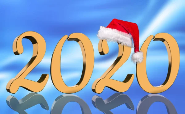 Render Año 2020 Números Dorados Con Una Gorra Roja Santa — Foto de Stock