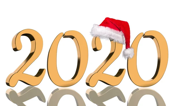 Render Año 2020 Números Dorados Con Una Gorra Roja Santa — Foto de Stock