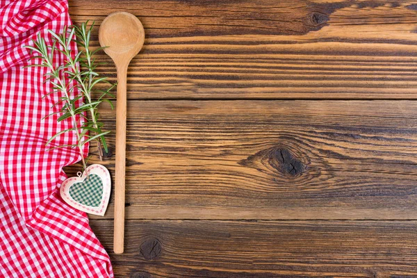 Old Wooden Spoon Decorative Heart Rosemary Twigs Red White Chequered Stock Image