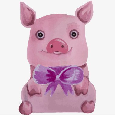 Beyaz arka plan üzerinde mor yay ile pembe suluboya domuz