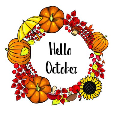 Kompozisyon Merhaba Ekim, vektör çizilmiş sonbahar set 
