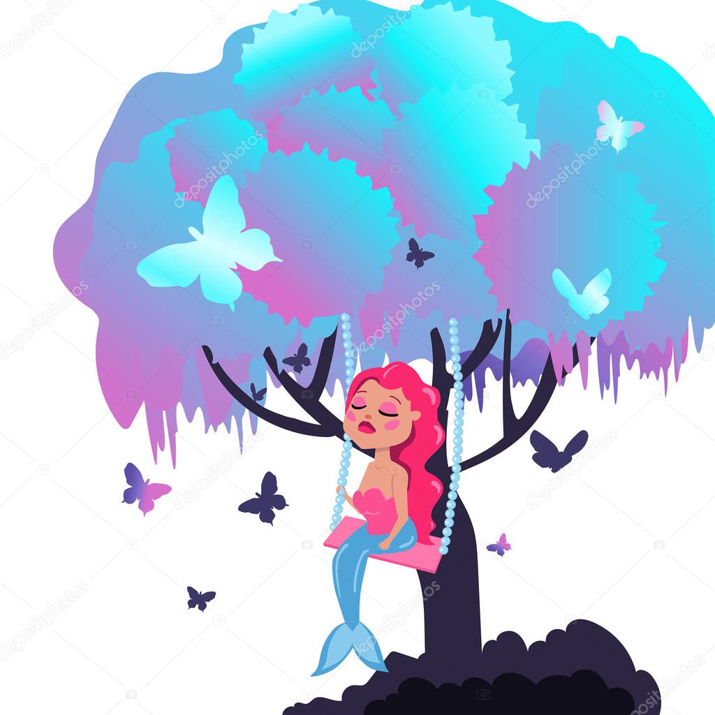 mermaid with pink hair sitting on a swing