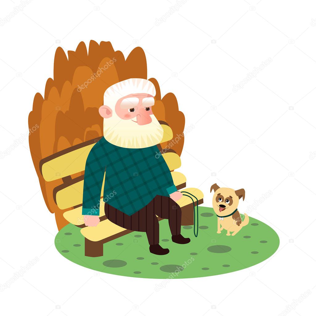 Gray-haired grandfather sitting on a bench next to the puppy