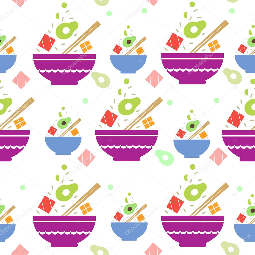 Seamless pattern with poke bowl on white background