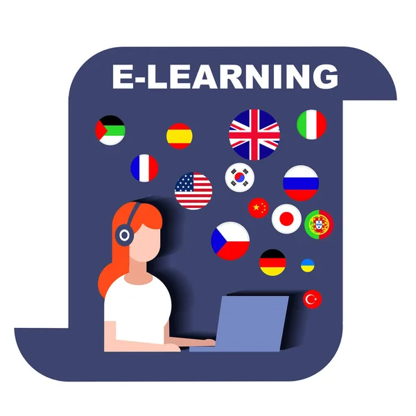 Chica Auriculares Sometidos Learning — Vector de stock