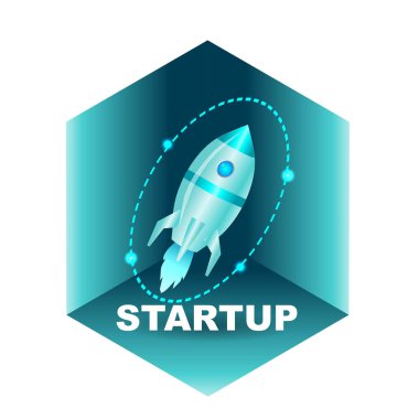 Bir roket ile banner başlatma. Vektör izometrik çizim.