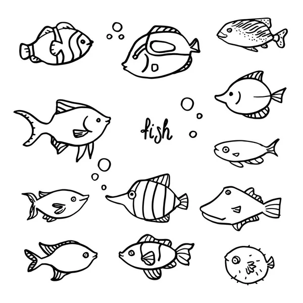 Σετ Μελανών Διάνυσμα Ψαριών Λευκό Φόντο — Διανυσματικό Αρχείο