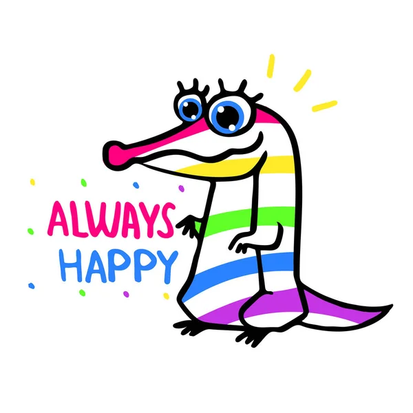 Ručně Kreslenou Vždy Šťastný Krokodýl Rainbow — Stockový vektor