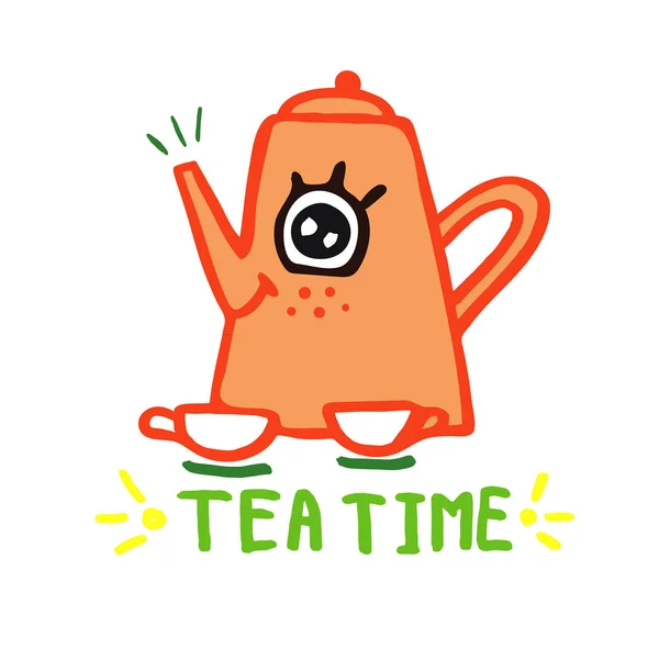 Чайник Чашки Время Чаепития — стоковый вектор