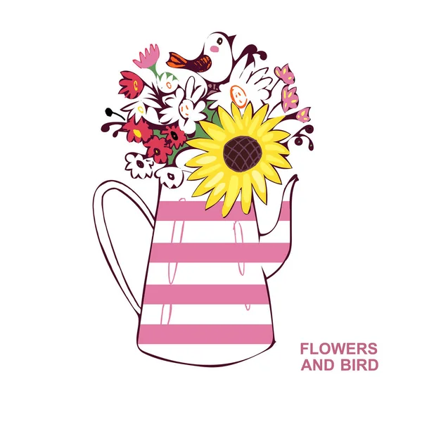 Pájaro Dibujado Mano Flores Colores Una Regadera Sobre Fondo Blanco — Vector de stock