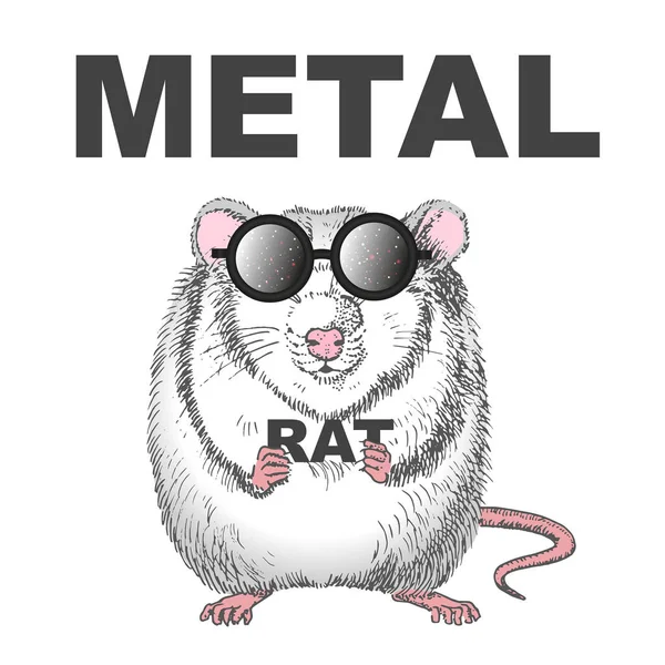 Ilustración Gráfica Rata Metal Blanco Con Gafas — Vector de stock