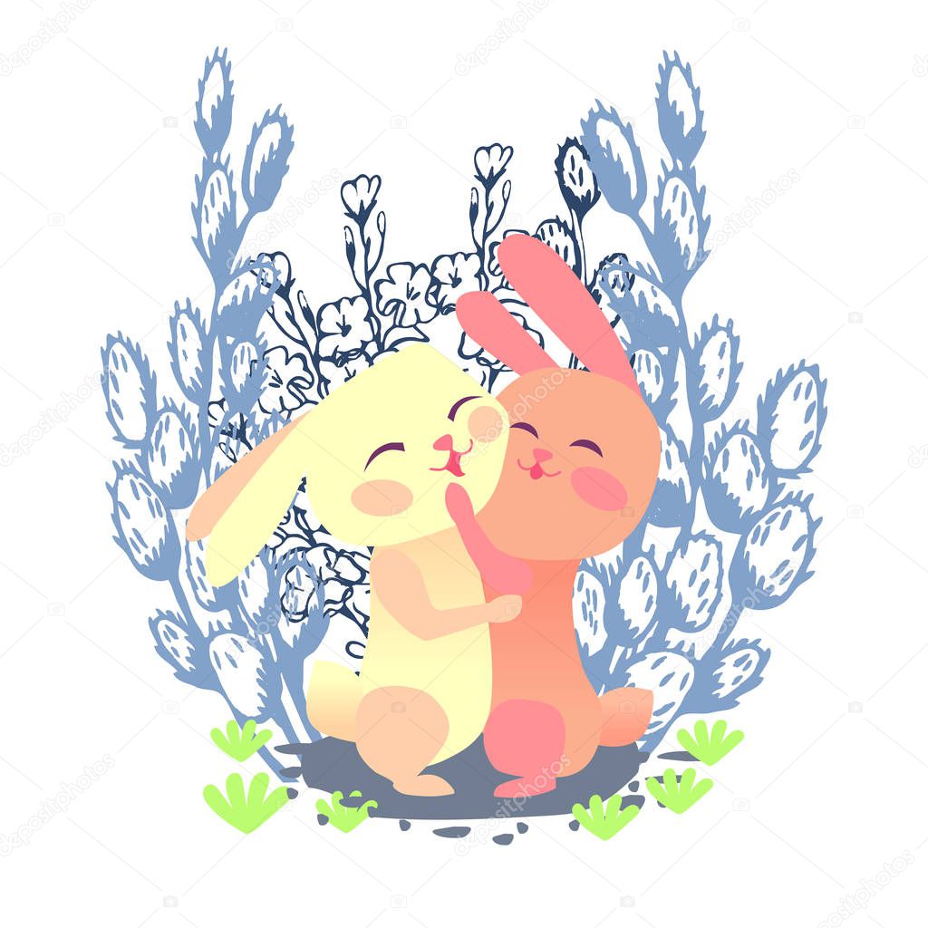 Hares hugging each other on the background of willow 