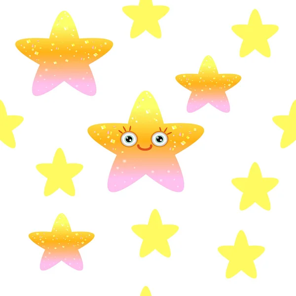 Seamless Pattern Yellow Stars White Background Children Pattern Emoji Stars — Stock Vector