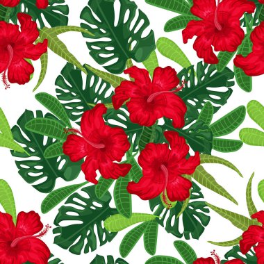 Beyaz zemin üzerine kırmızı ebegümeci ve palm ile Seamless Modeli bırakır