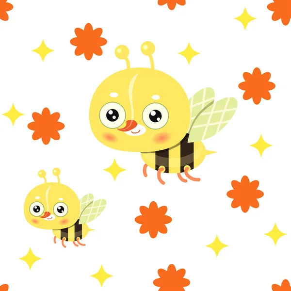 Patrón Sin Costuras Con Abejas Alegres Flores Sobre Fondo Blanco — Vector de stock