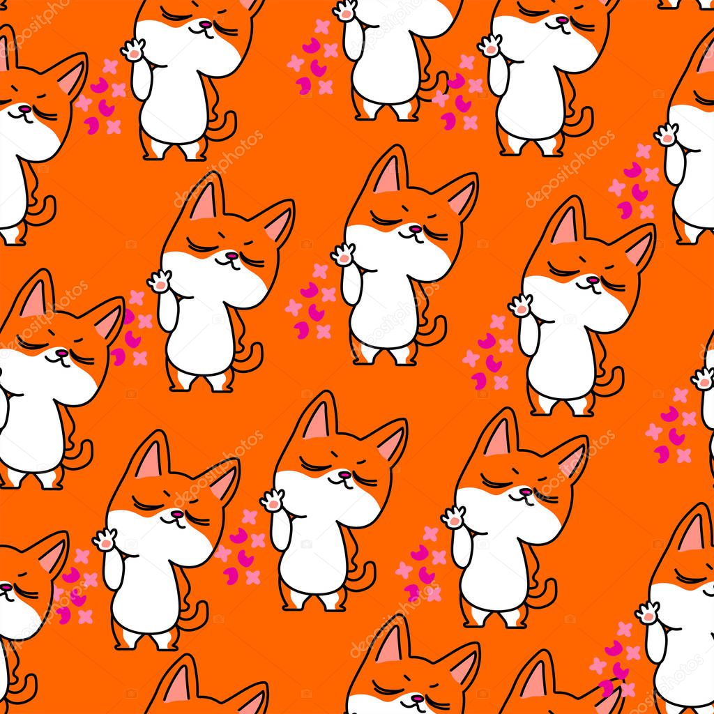 Self-confident ginger kitten throws the flowers. Kids seamless pattern with kittens on orange background.