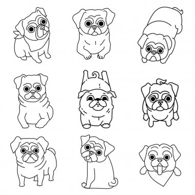 Beyaz arka plan üzerinde izole pugs kümesi. Line-art köpekler.