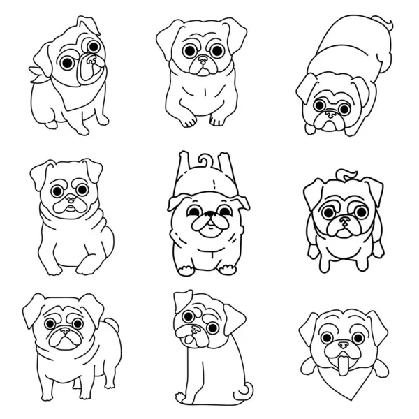 Set Pugs Isolated White Background Line Art Dogs — Stock Vector