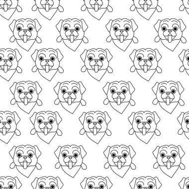 Beyaz bir arka plan üzerinde çizgi sanatı tarzında yapılan pugs ile dikişsiz desen. Köpeklerle siyah beyaz arka plan.