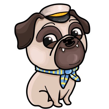 Bir deniz şapkası ve boynunda bir eşarp mutlu pug