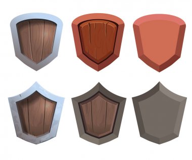 Beyaz arka plan üzerine izole ahşap kalkanlar seti