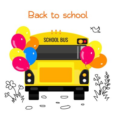 Renkli balonlar ve okula geri bir işaret ile Okul otobüsü.