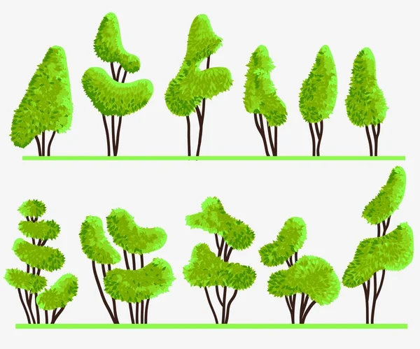 Sada Zelených Kreslených Stromů Izolovaných Bílém Pozadí — Stockový vektor