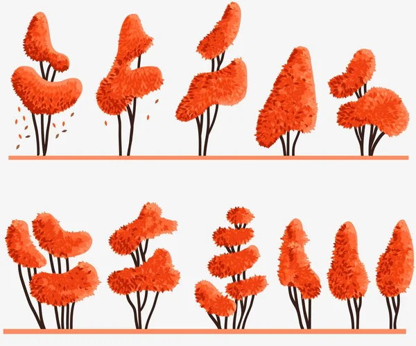 Sada Kreslených Podzimních Stromů Oranžovými Listy Izolovanými Bílém Pozadí — Stockový vektor