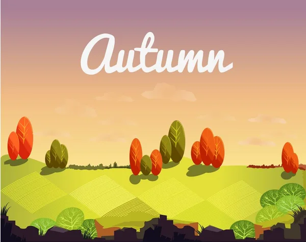 Paisaje Otoñal Con Árboles Arbustos Prados Campos Fondo Otoño Juego — Vector de stock