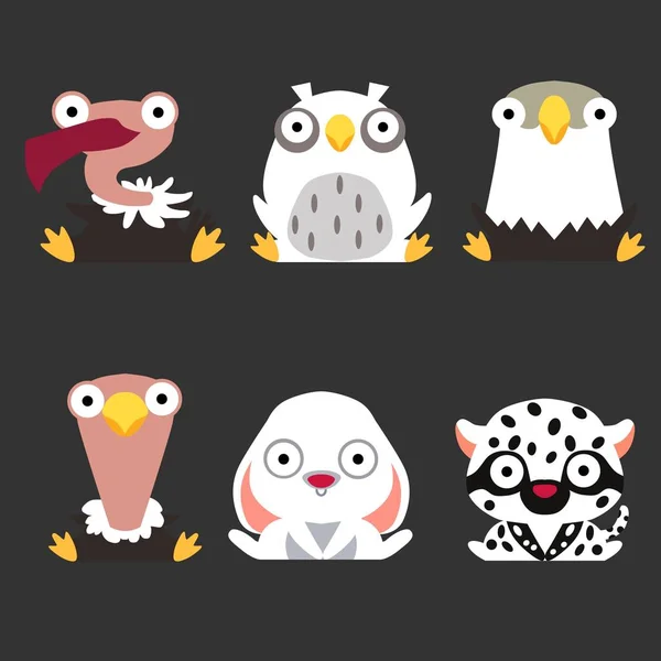 Set of cute animal and bird logos. Vulture, owl, eagle, ostrich, hare and white leopard are sitting on a dark background.