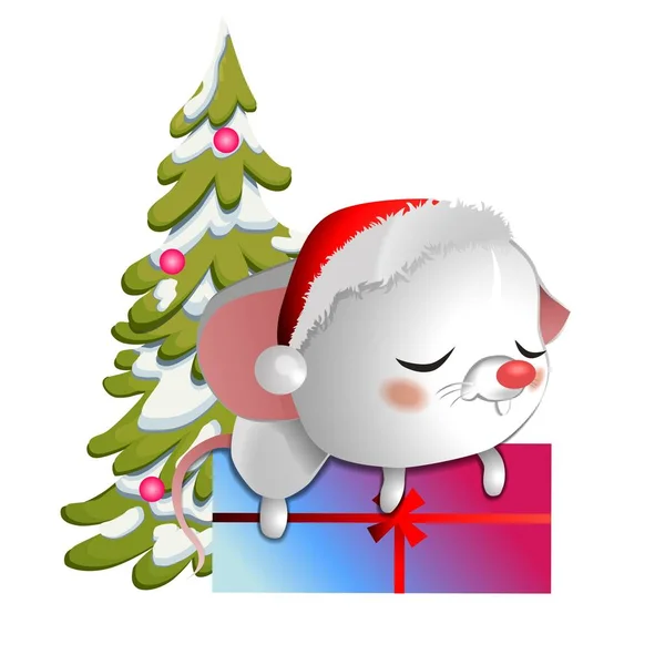 Rato Branco Bonito Chapéu Natal Que Dorme Uma Caixa Com — Vetor de Stock