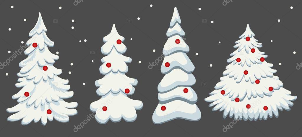 Set of Christmas trees in the snow with Christmas tree toys on a dark background.