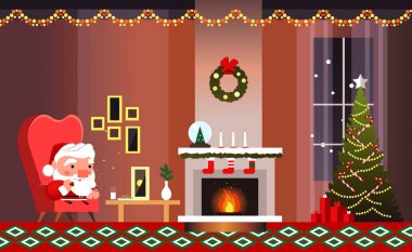 Şömineli Noel afişi, Noel ağacı ve Noel Baba. Noel Baba kurabiye yiyor ve süt içiyor..