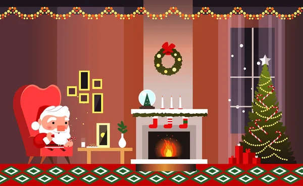Kerst Banner Met Open Haard Kerstboom Santa Claus Kerstman Eet — Stockvector