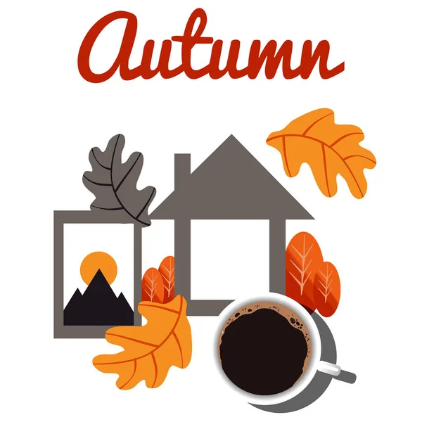 Automne Confortable Avec Maison Café Feuilles Automne — Image vectorielle