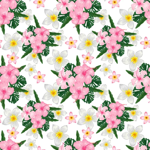 Seamless pattern with tropical flowers on white background.