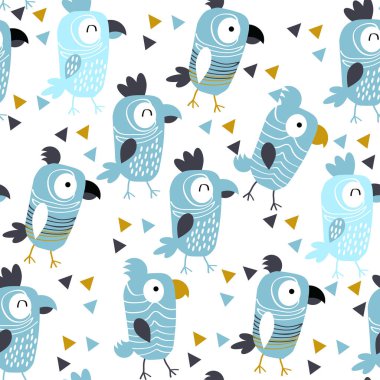 Beyaz arka planda neşeli mavi papağan ile Desen. 